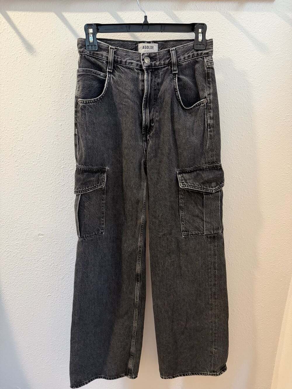AGOLDE Women's Black Denim Utility Cargo Wide Leg Jeans